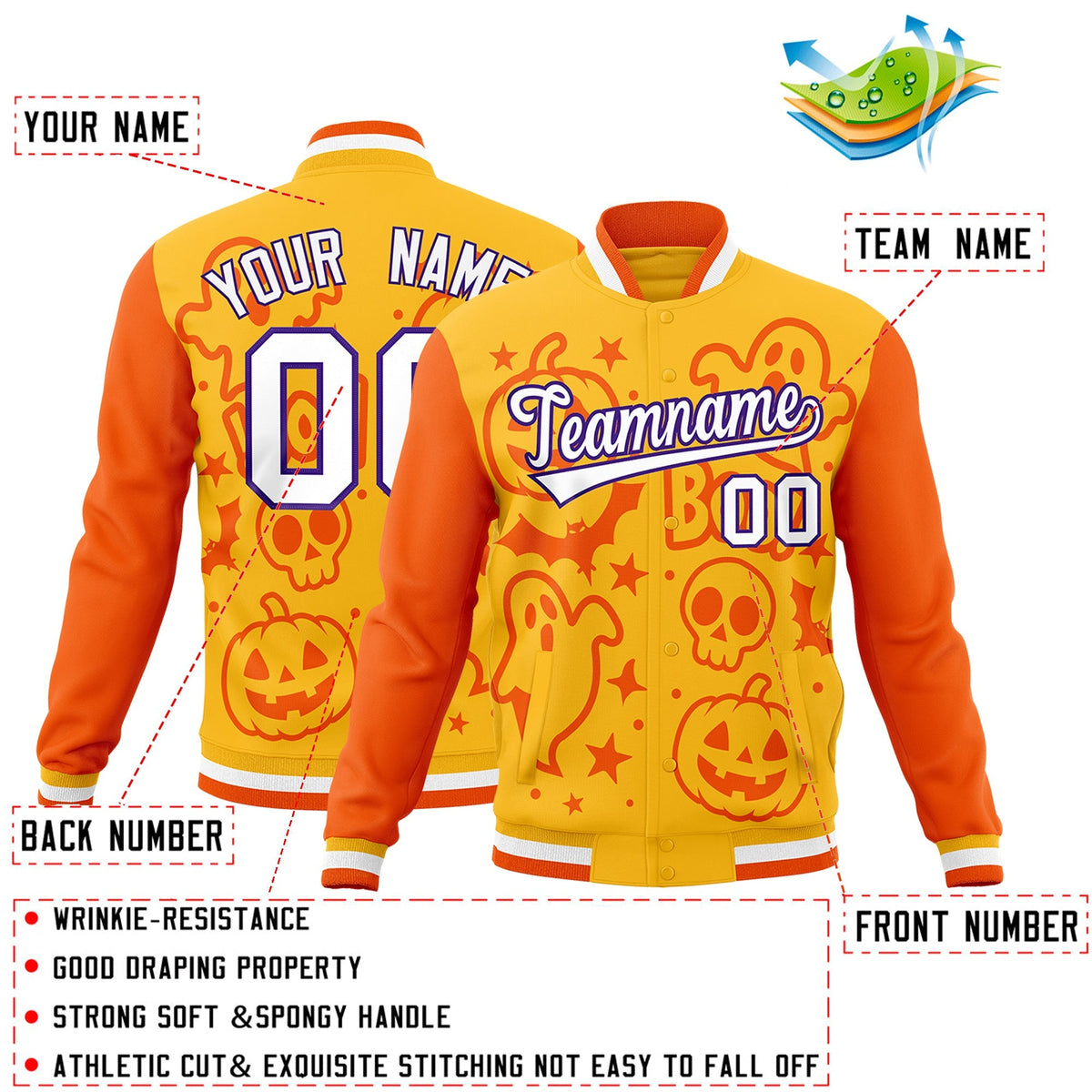 Custom Yellow Orange Gold Bats Pumpkins Ghost Patterns Halloween Letterman Jacket | Custom Letterman Jacket,Add Name and Numbern,Sublimation Printed &amp; Stitched,Perfect for Parties | KXKSHOP