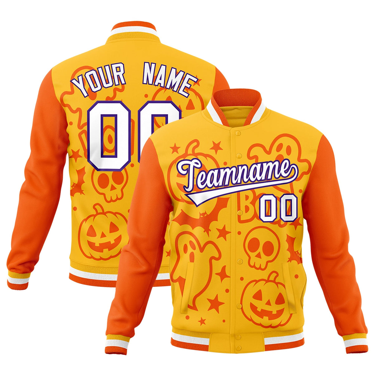 Custom Yellow Orange Gold Bats Pumpkins Ghost Patterns Halloween Letterman Jacket | Custom Letterman Jacket,Add Name and Numbern,Sublimation Printed &amp; Stitched,Perfect for Parties | KXKSHOP