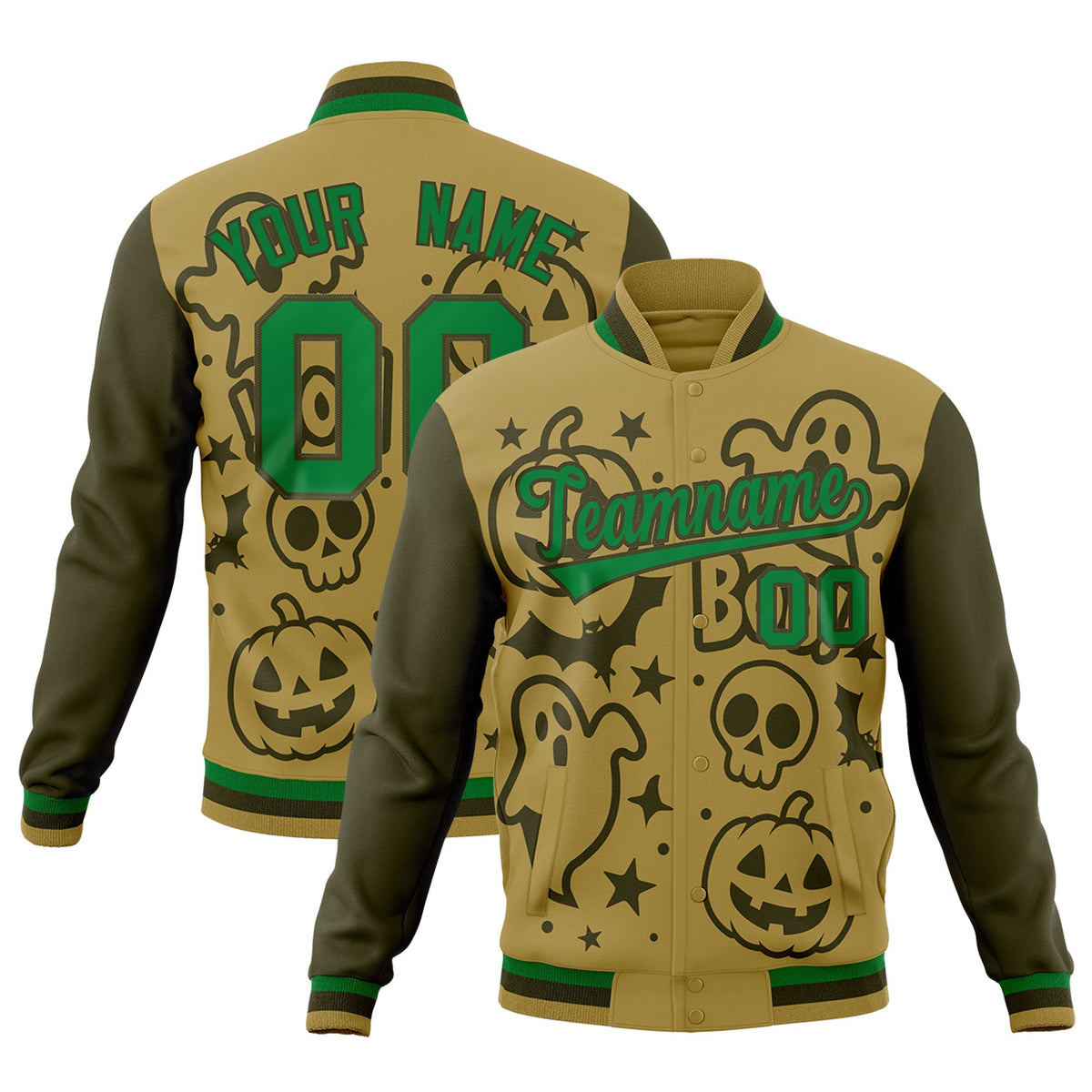 Custom Desert Yellow Kelly Green Olive Bats Pumpkins Ghost Patterns Halloween Letterman Jacket | Custom Letterman Jacket,Add Name and Numbern,Sublimation Printed &amp; Stitched,Perfect for Parties | KXKSHOP