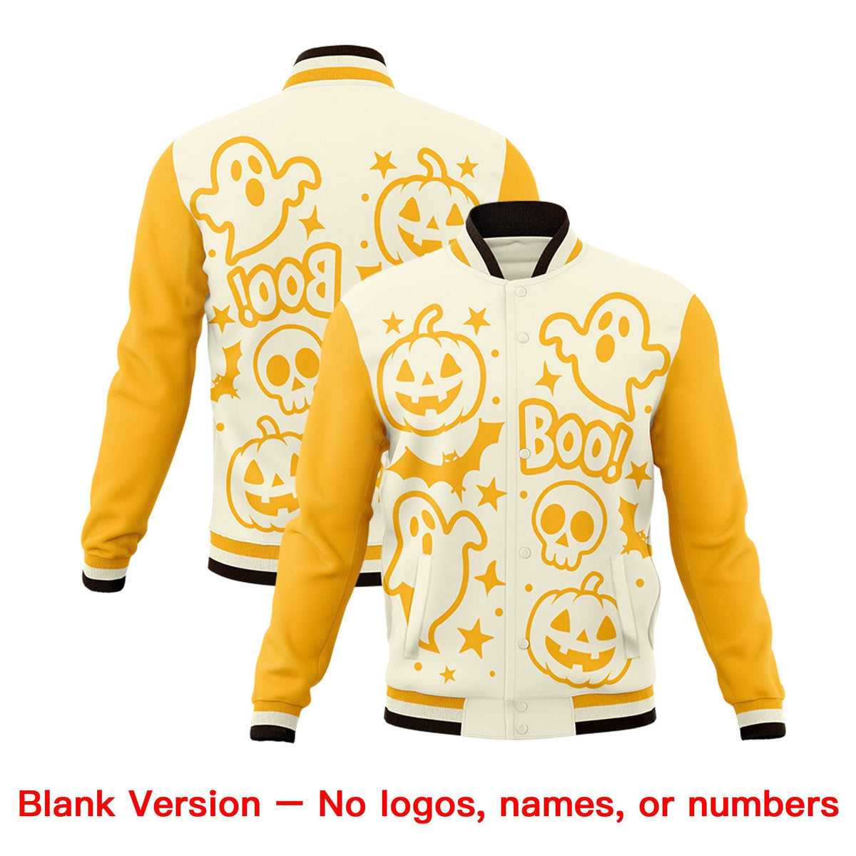 Custom Yellow Cream Gold Bats Pumpkins Ghost Patterns Halloween Letterman Jacket | Custom Letterman Jacket,Add Name and Numbern,Sublimation Printed &amp; Stitched,Perfect for Parties | KXKSHOP