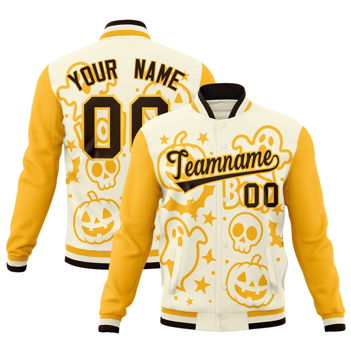 Custom Yellow Cream Gold Bats Pumpkins Ghost Patterns Halloween Letterman Jacket | Custom Letterman Jacket,Add Name and Numbern,Sublimation Printed &amp; Stitched,Perfect for Parties | KXKSHOP