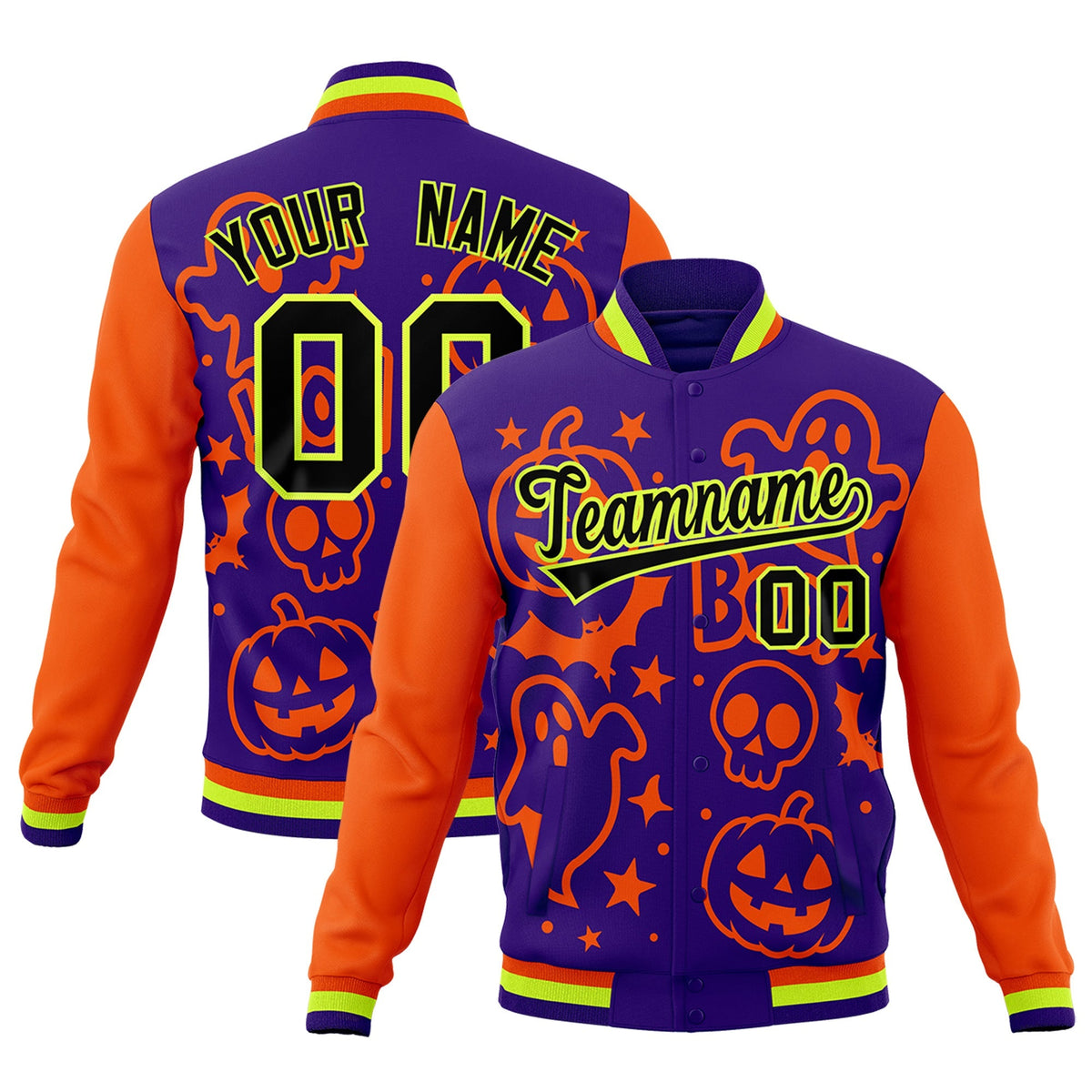 Custom Orange Purple Neon Green Bats Pumpkins Ghost Patterns Halloween Letterman Jacket | Custom Letterman Jacket,Add Name and Numbern,Sublimation Printed &amp; Stitched,Perfect for Parties | KXKSHOP