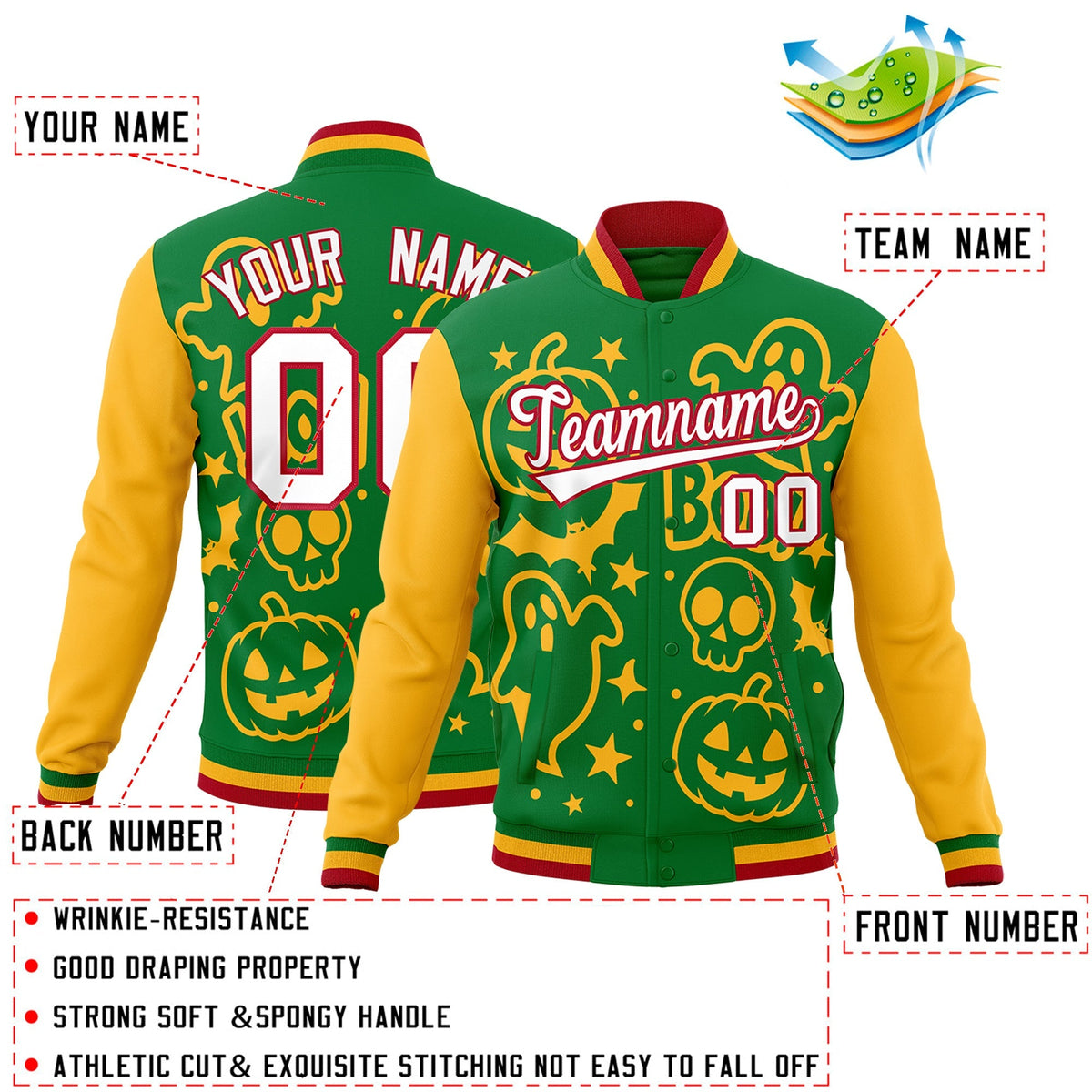 Custom Kelly Green Gold Red Bats Pumpkins Ghost Patterns Halloween Letterman Jacket | Custom Letterman Jacket,Add Name and Numbern,Sublimation Printed &amp; Stitched,Perfect for Parties | KXKSHOP