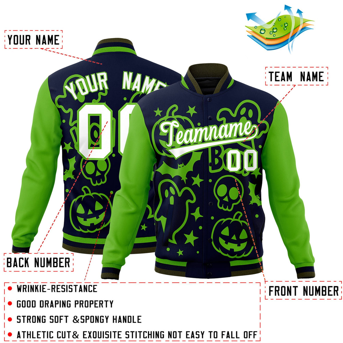 Custom Green Navy Olive Bats Pumpkins Ghost Patterns Halloween Letterman Jacket | Custom Letterman Jacket,Add Name and Numbern,Sublimation Printed &amp; Stitched,Perfect for Parties | KXKSHOP