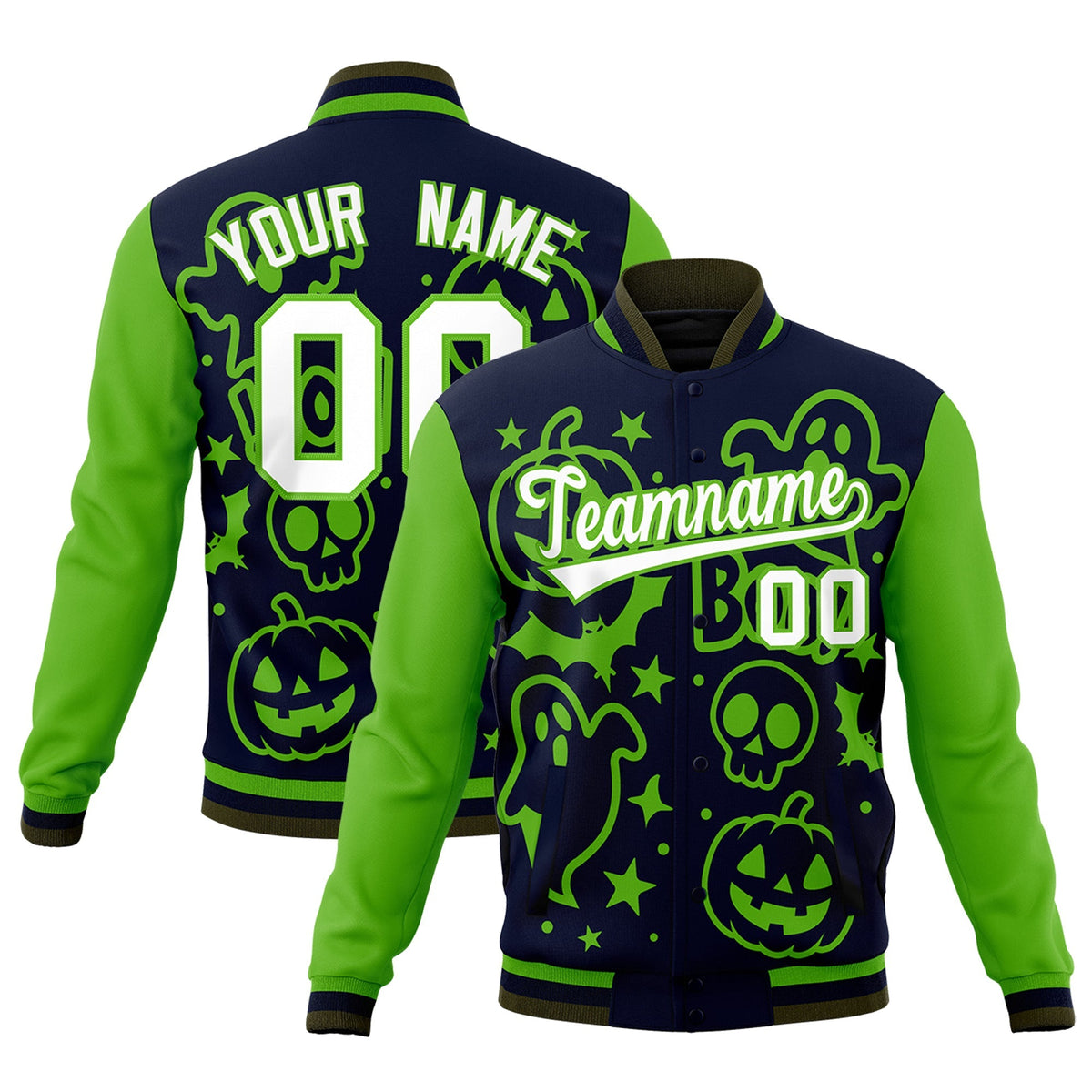 Custom Green Navy Olive Bats Pumpkins Ghost Patterns Halloween Letterman Jacket | Custom Letterman Jacket,Add Name and Numbern,Sublimation Printed &amp; Stitched,Perfect for Parties | KXKSHOP