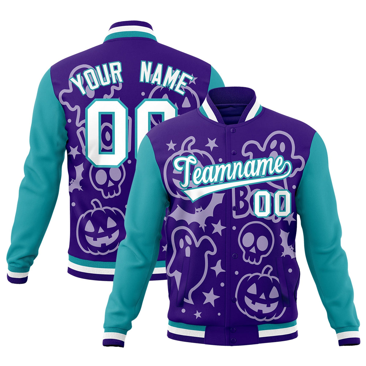 Custom Purple Aqua White Bats Pumpkins Ghost Patterns Halloween Letterman Jacket | Custom Letterman Jacket,Add Name and Numbern,Sublimation Printed &amp; Stitched,Perfect for Parties | KXKSHOP