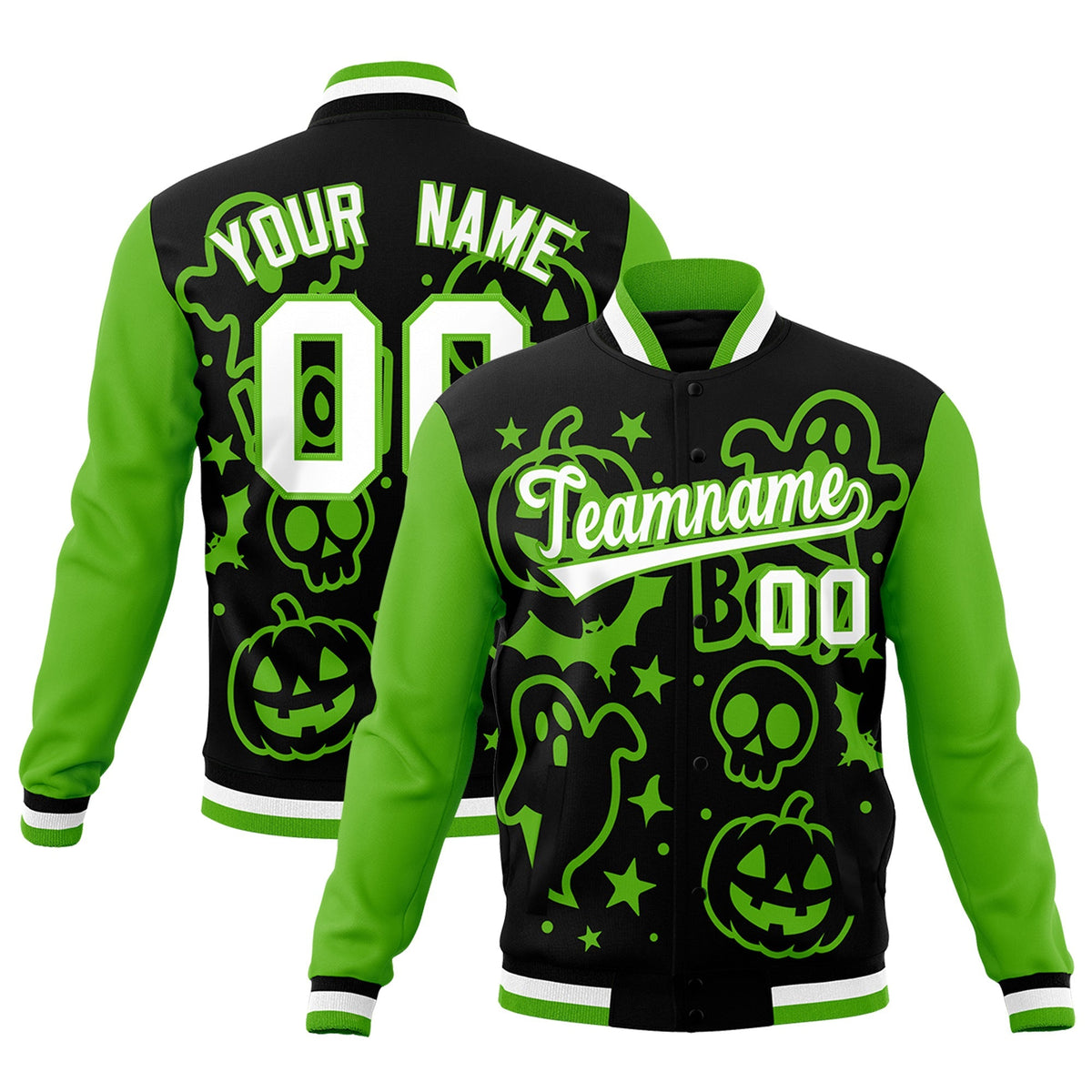 Custom Black Green White Bats Pumpkins Ghost Patterns Halloween Letterman Jacket | Custom Letterman Jacket,Add Name and Numbern,Sublimation Printed &amp; Stitched,Perfect for Parties | KXKSHOP