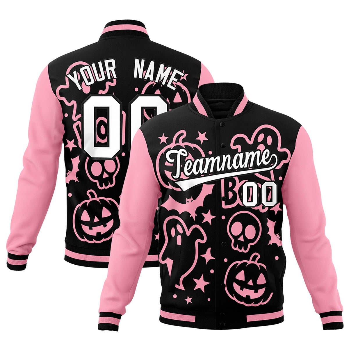 Custom Light Pink Black White Bats Pumpkins Ghost Patterns Halloween Letterman Jacket | Custom Letterman Jacket,Add Name and Numbern,Sublimation Printed &amp; Stitched,Perfect for Parties | KXKSHOP