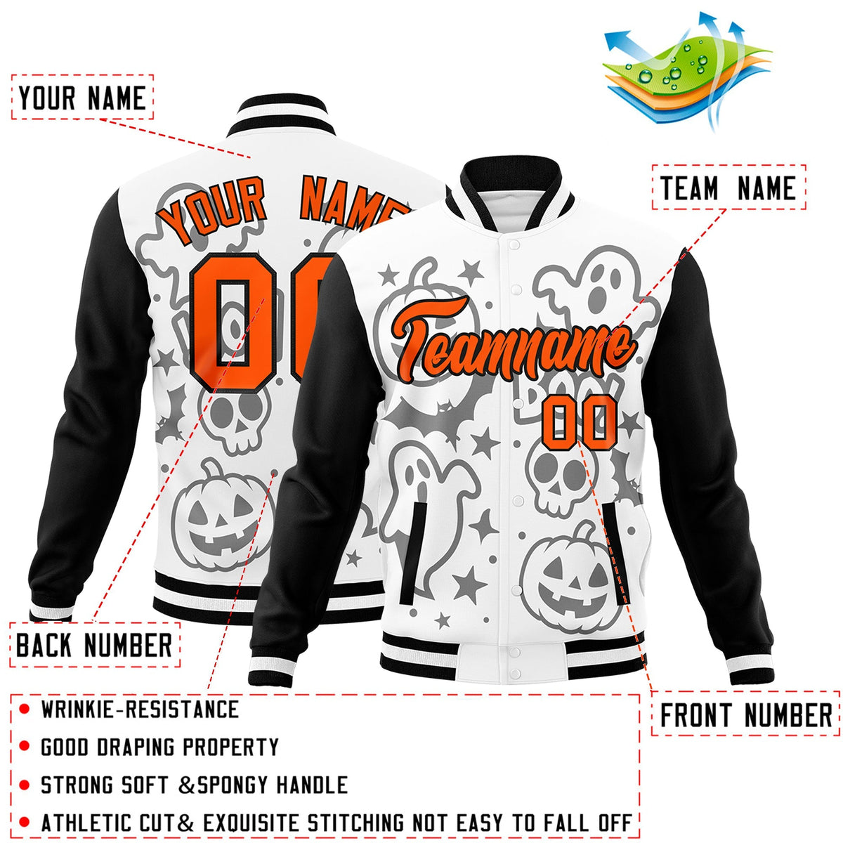 Custom White Black Orange Bats Pumpkins Ghost Patterns Halloween Letterman Jacket | Custom Letterman Jacket,Add Name and Numbern,Sublimation Printed &amp; Stitched,Perfect for Parties | KXKSHOP