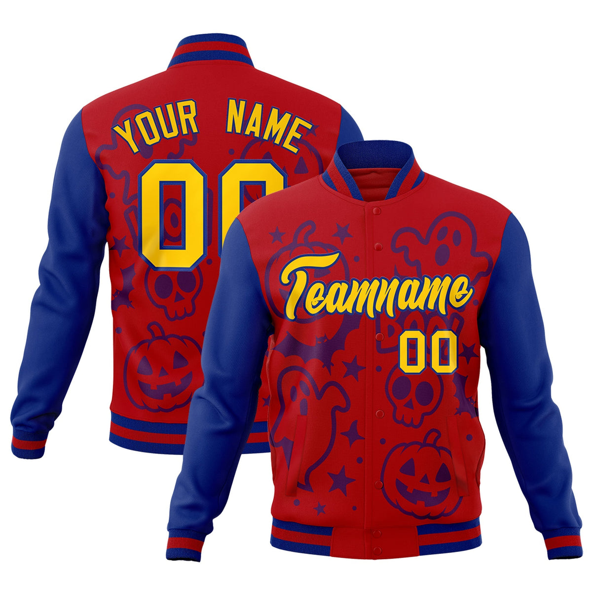 Custom Royal Red Royal Blue Bats Pumpkins Ghost Patterns Halloween Letterman Jacket | Custom Letterman Jacket,Add Name and Numbern,Sublimation Printed &amp; Stitched,Perfect for Parties | KXKSHOP