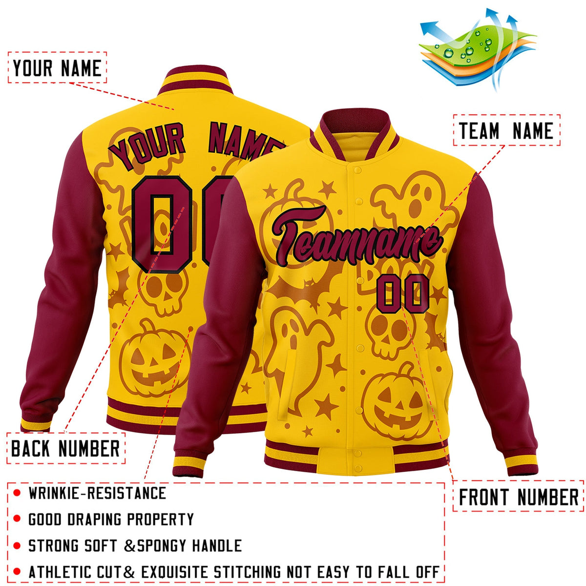 Custom Crimson Gold Yellow Bats Pumpkins Ghost Patterns Halloween Letterman Jacket | Custom Letterman Jacket,Add Name and Numbern,Sublimation Printed &amp; Stitched,Perfect for Parties | KXKSHOP