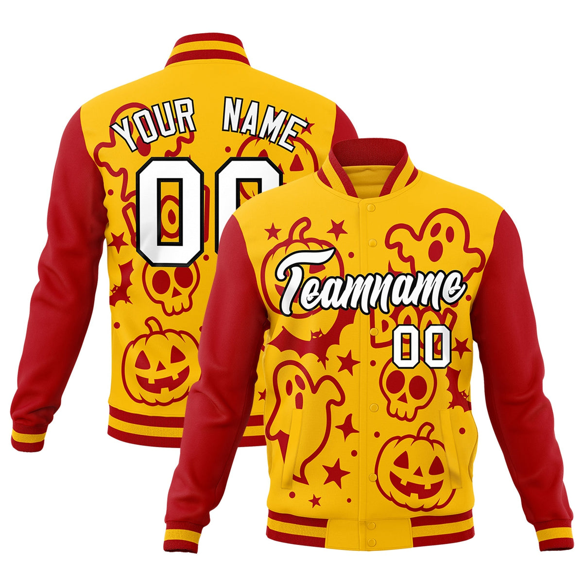 Custom Gold Red White Bats Pumpkins Ghost Patterns Halloween Letterman Jacket | Custom Letterman Jacket,Add Name and Numbern,Sublimation Printed &amp; Stitched,Perfect for Parties | KXKSHOP