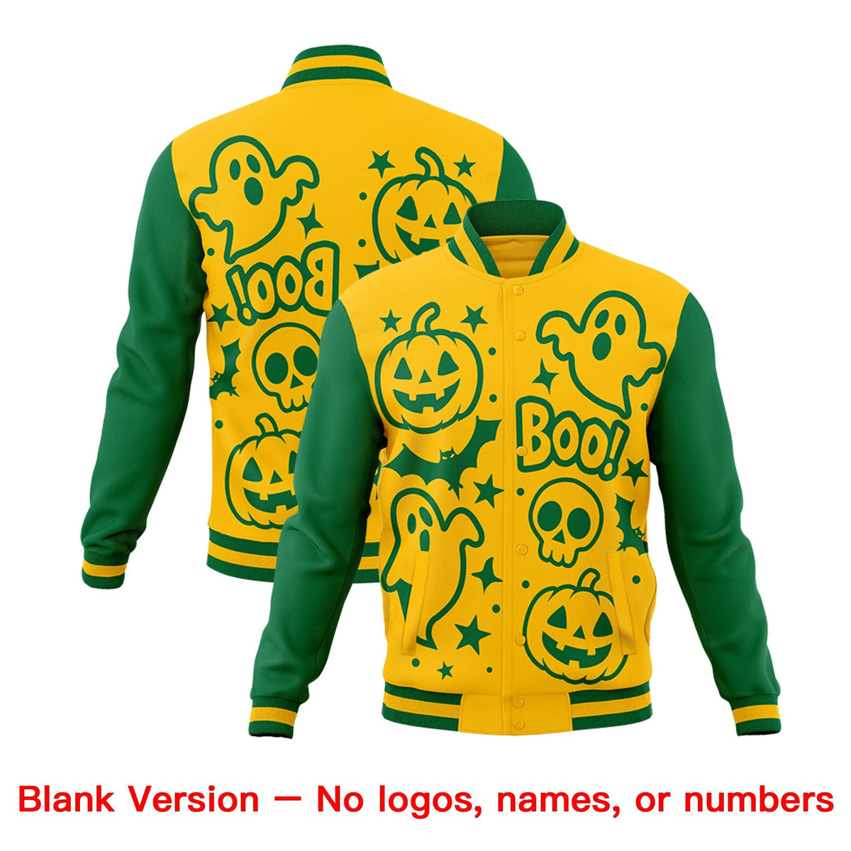 Custom Gold Kelly Green White Bats Pumpkins Ghost Patterns Halloween Letterman Jacket | Custom Letterman Jacket,Add Name and Numbern,Sublimation Printed &amp; Stitched,Perfect for Parties | KXKSHOP