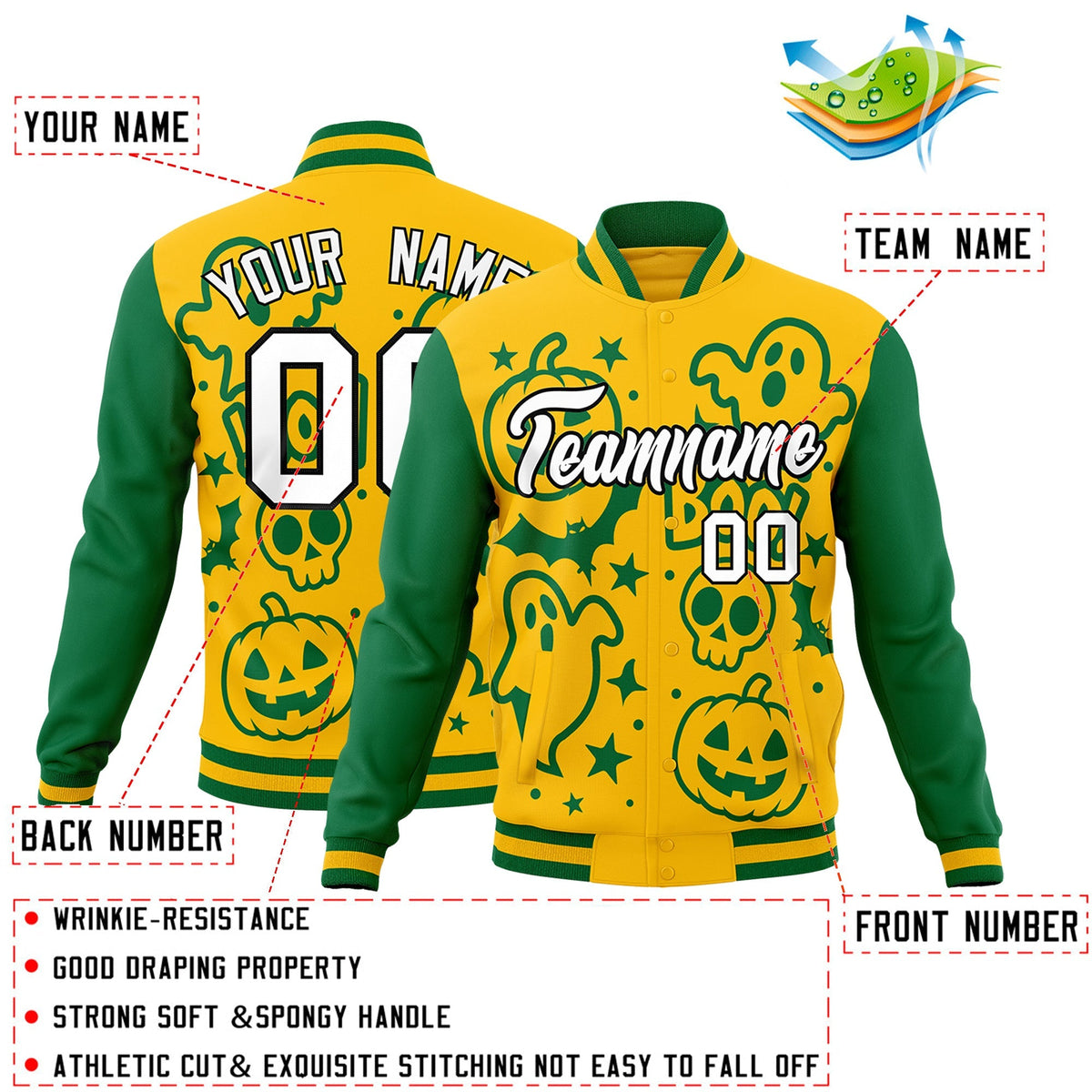 Custom Gold Kelly Green White Bats Pumpkins Ghost Patterns Halloween Letterman Jacket | Custom Letterman Jacket,Add Name and Numbern,Sublimation Printed &amp; Stitched,Perfect for Parties | KXKSHOP