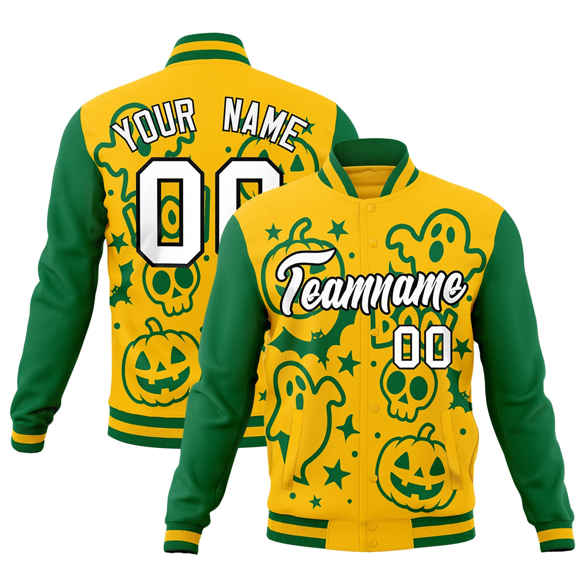 Custom Gold Kelly Green White Bats Pumpkins Ghost Patterns Halloween Letterman Jacket | Custom Letterman Jacket,Add Name and Numbern,Sublimation Printed &amp; Stitched,Perfect for Parties | KXKSHOP