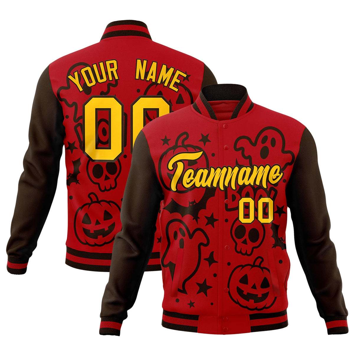 Custom Red Brown Gold Bats Pumpkins Ghost Patterns Halloween Letterman Jacket | Custom Letterman Jacket,Add Name and Numbern,Sublimation Printed &amp; Stitched,Perfect for Parties | KXKSHOP