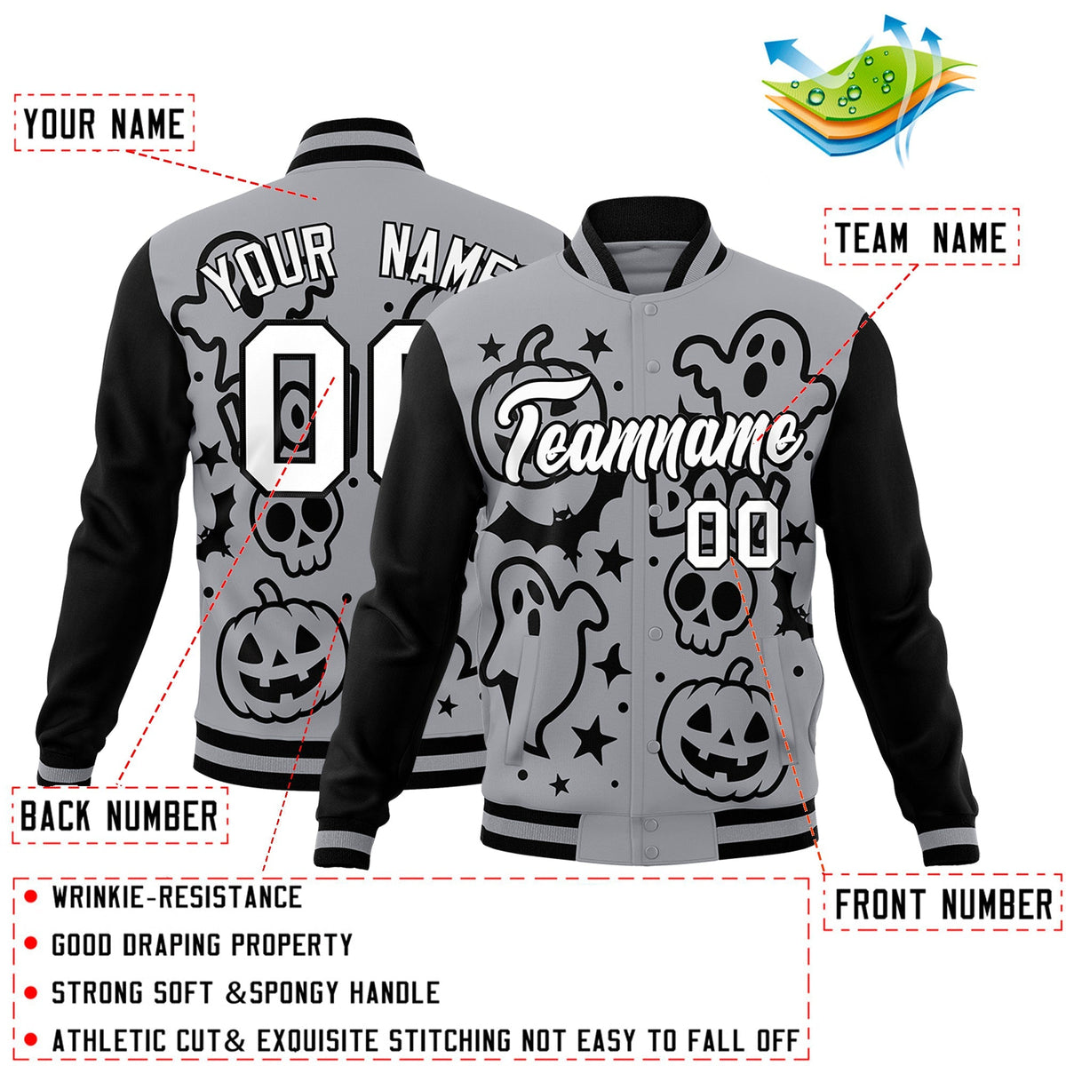 Custom Gray Black White Bats Pumpkins Ghost Patterns Halloween Letterman Jacket | Custom Letterman Jacket,Add Name and Numbern,Sublimation Printed &amp; Stitched,Perfect for Parties | KXKSHOP
