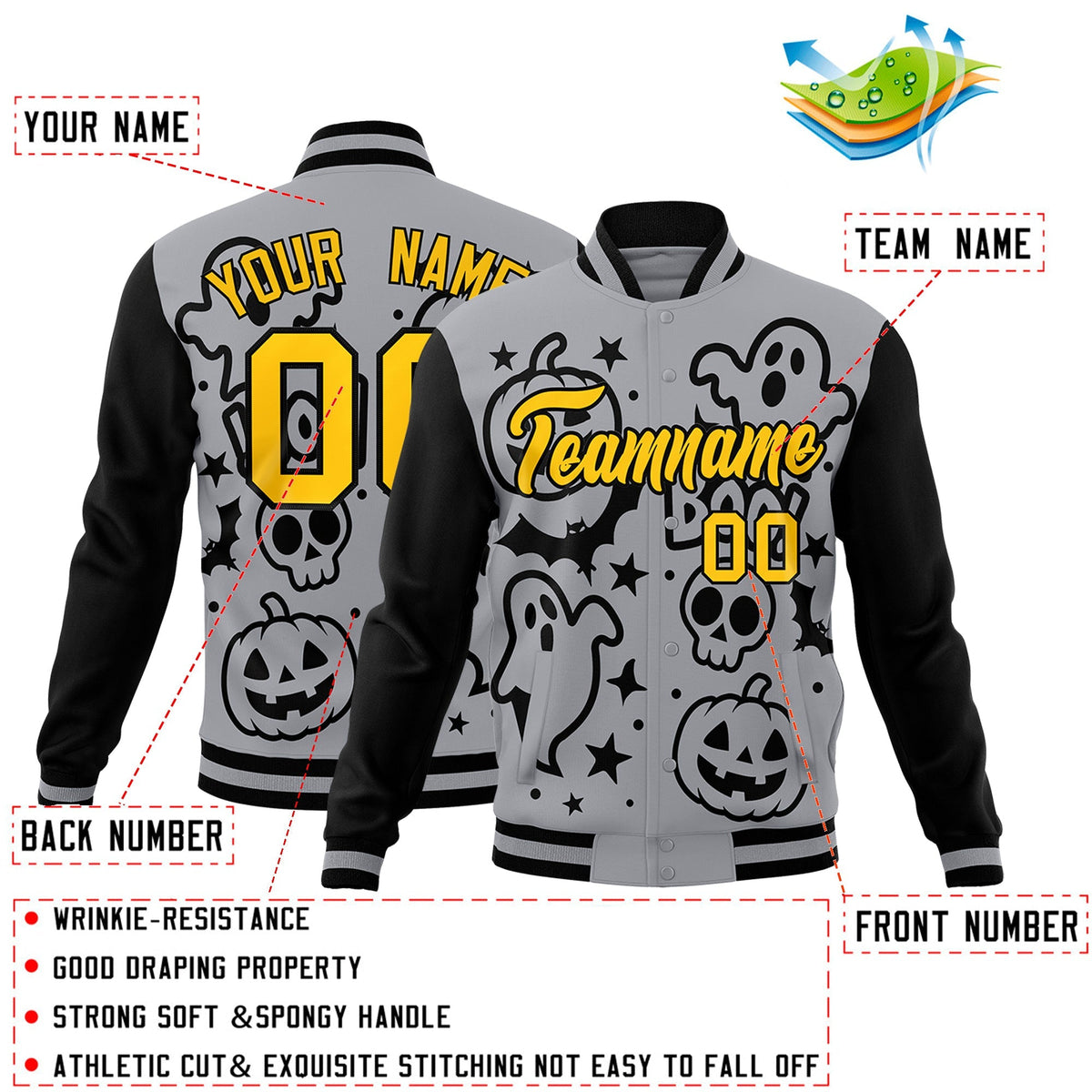 Custom Gray Black Gold Bats Pumpkins Ghost Patterns Halloween Letterman Jacket | Custom Letterman Jacket,Add Name and Numbern,Sublimation Printed &amp; Stitched,Perfect for Parties | KXKSHOP