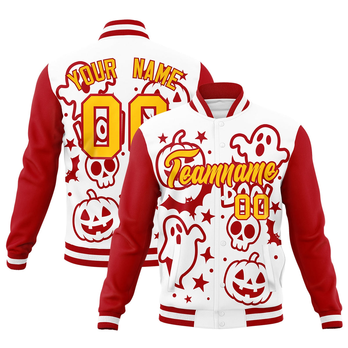 Custom White Red Gold Bats Pumpkins Ghost Patterns Halloween Letterman Jacket | Custom Letterman Jacket,Add Name and Numbern,Sublimation Printed &amp; Stitched,Perfect for Parties | KXKSHOP