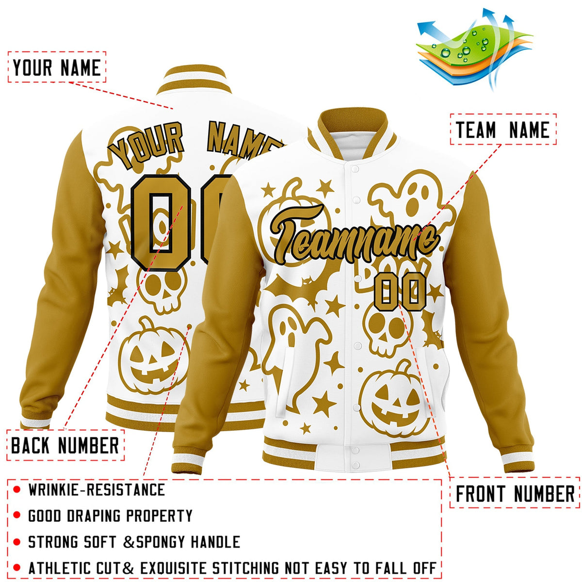Custom White Old Gold Black Bats Pumpkins Ghost Patterns Halloween Letterman Jacket | Custom Letterman Jacket,Add Name and Numbern,Sublimation Printed &amp; Stitched,Perfect for Parties | KXKSHOP