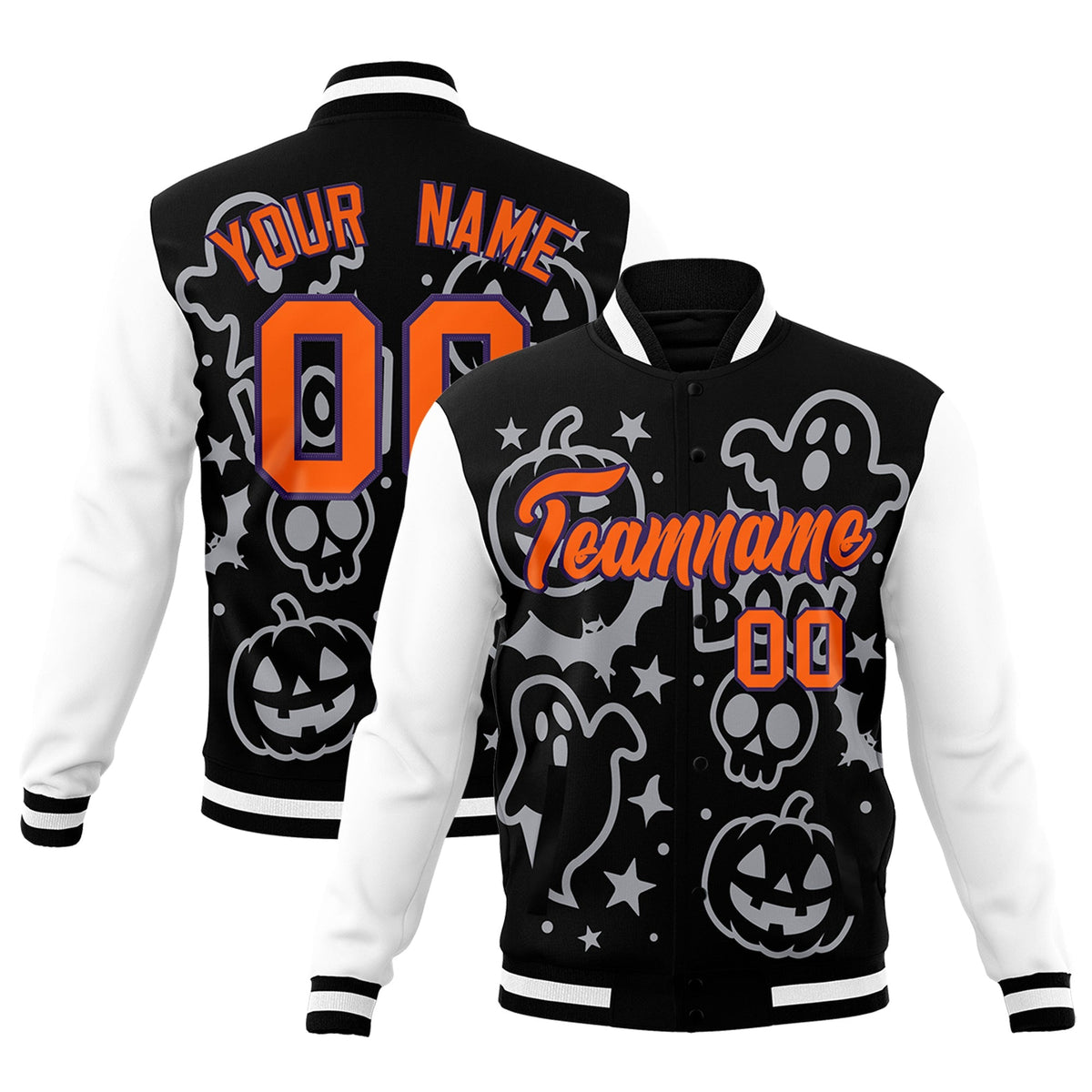 Custom Navy White Orange Bats Pumpkins Ghost Patterns Halloween Letterman Jacket | Custom Letterman Jacket,Add Name and Numbern,Sublimation Printed &amp; Stitched,Perfect for Parties | KXKSHOP