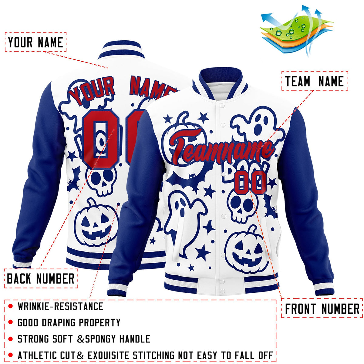 Custom Royal Blue White Red Bats Pumpkins Ghost Patterns Halloween Letterman Jacket | Custom Letterman Jacket,Add Name and Numbern,Sublimation Printed &amp; Stitched,Perfect for Parties | KXKSHOP