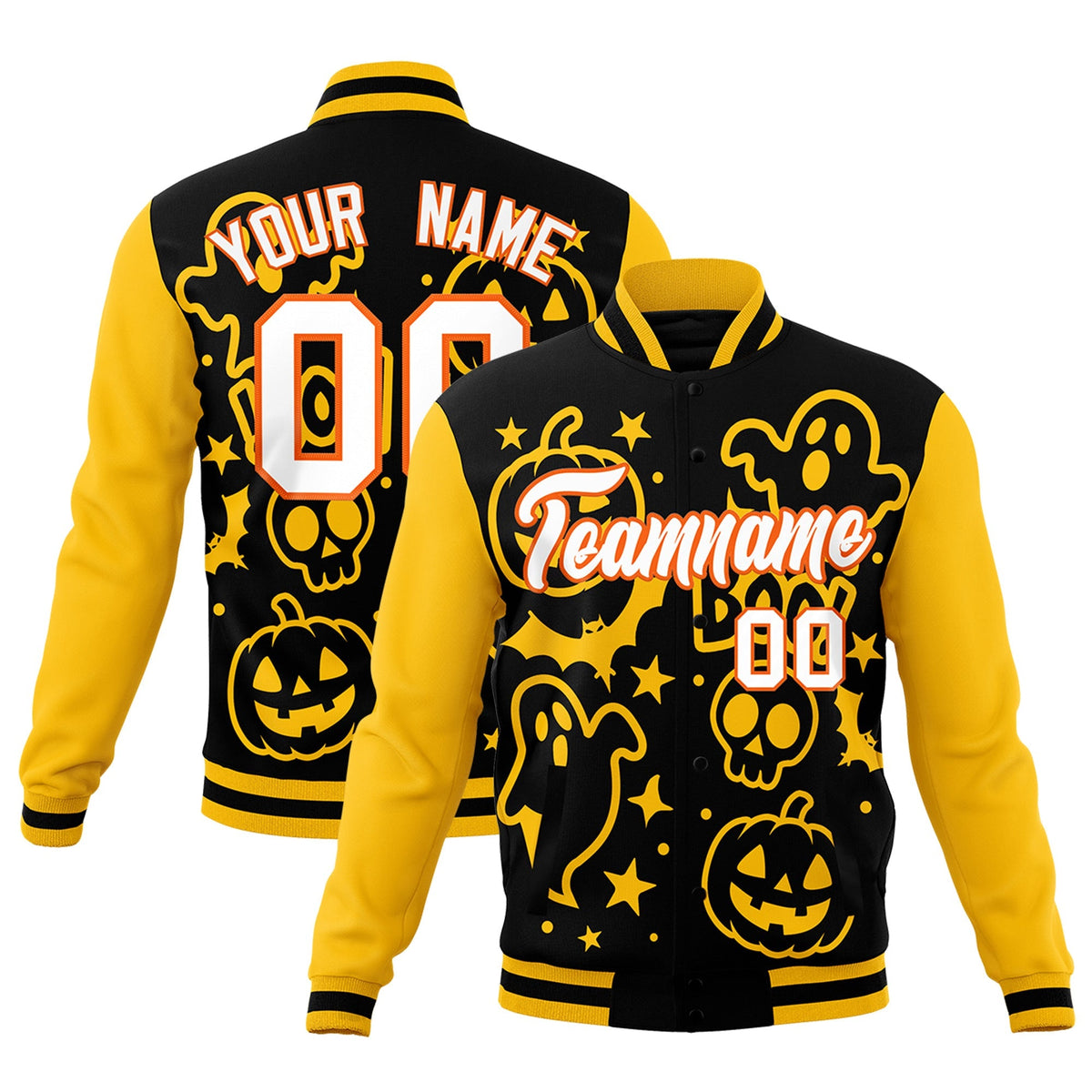 Custom Gold Black White Bats Pumpkins Ghost Patterns Halloween Letterman Jacket | Custom Letterman Jacket,Add Name and Numbern,Sublimation Printed &amp; Stitched,Perfect for Parties | KXKSHOP