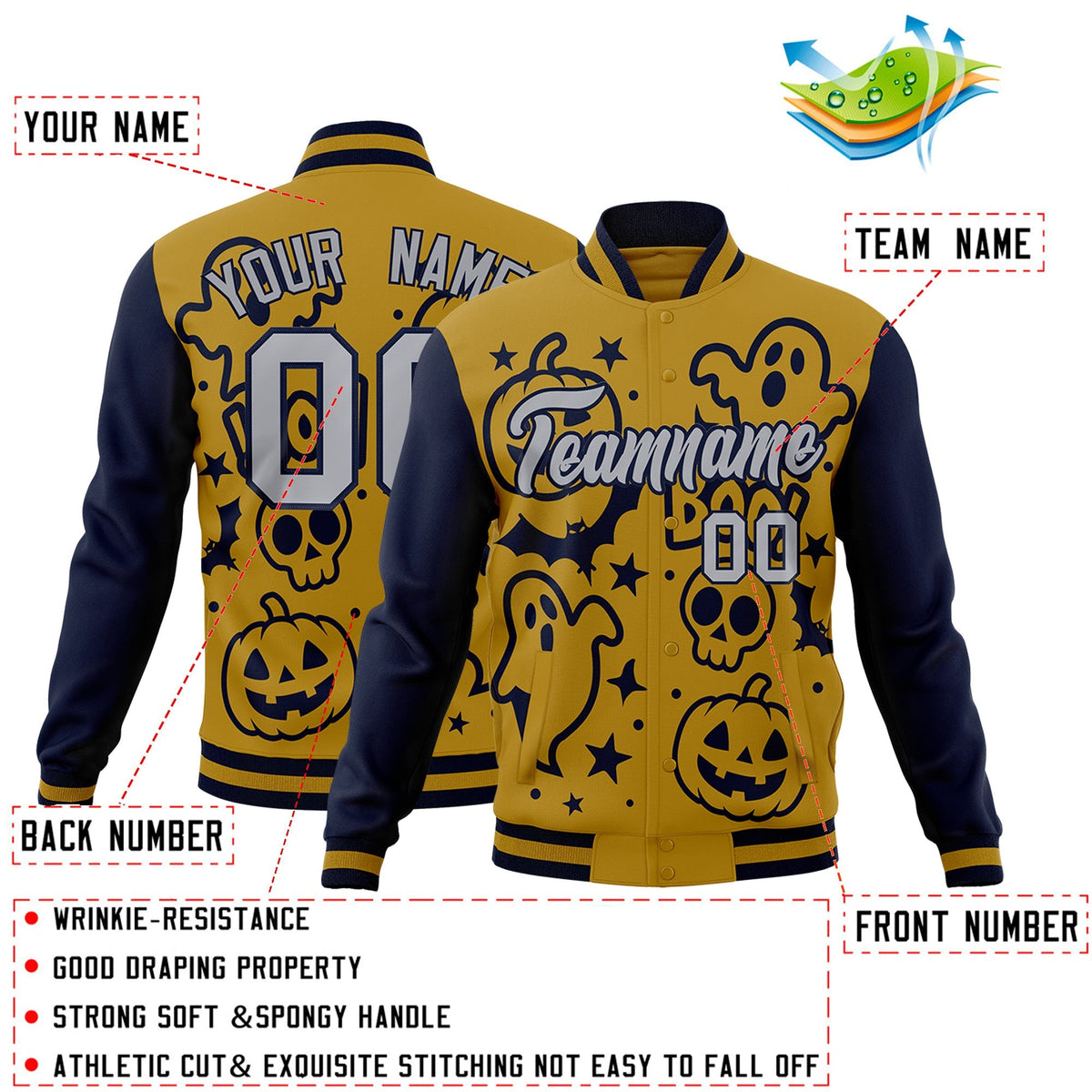 Custom Navy Old Gold Gray Bats Pumpkins Ghost Patterns Halloween Letterman Jacket | Custom Letterman Jacket,Add Name and Numbern,Sublimation Printed &amp; Stitched,Perfect for Parties | KXKSHOP