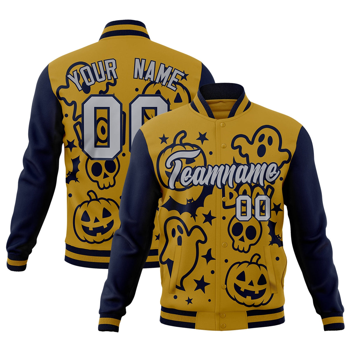 Custom Navy Old Gold Gray Bats Pumpkins Ghost Patterns Halloween Letterman Jacket | Custom Letterman Jacket,Add Name and Numbern,Sublimation Printed &amp; Stitched,Perfect for Parties | KXKSHOP