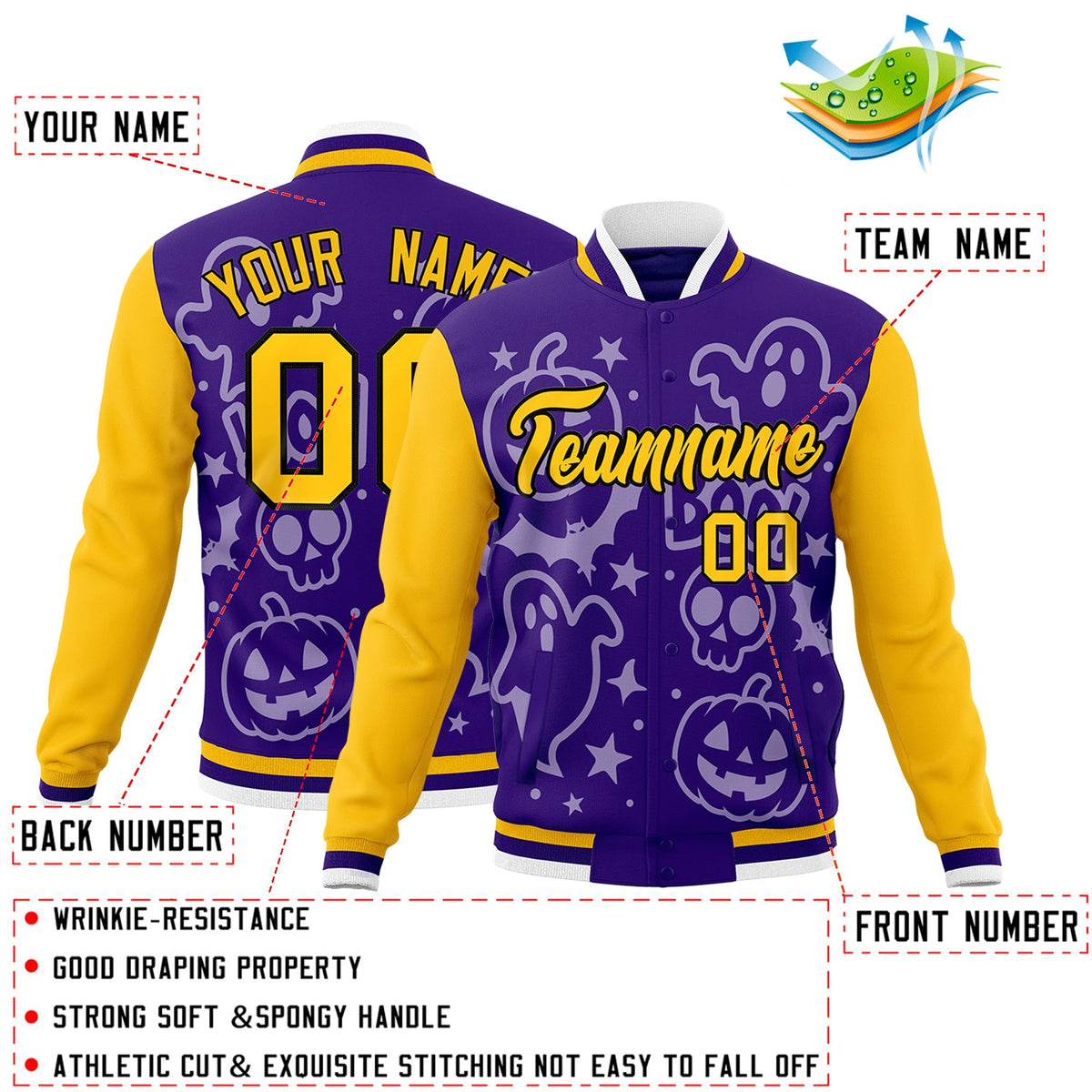 Custom Yellow Purple Gold Bats Pumpkins Ghost Patterns Halloween Letterman Jacket | Custom Letterman Jacket,Add Name and Numbern,Sublimation Printed &amp; Stitched,Perfect for Parties | KXKSHOP