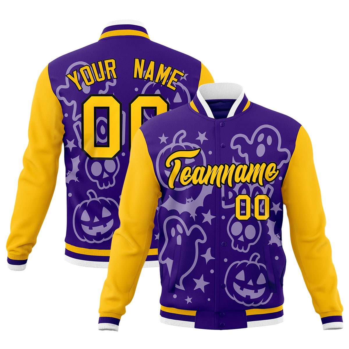 Custom Yellow Purple Gold Bats Pumpkins Ghost Patterns Halloween Letterman Jacket | Custom Letterman Jacket,Add Name and Numbern,Sublimation Printed &amp; Stitched,Perfect for Parties | KXKSHOP