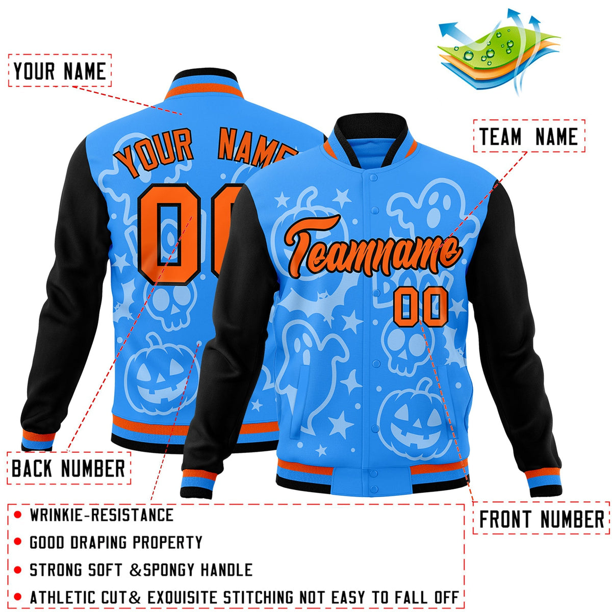 Custom Orange Powder Blue Black Bats Pumpkins Ghost Patterns Halloween Letterman Jacket | Custom Letterman Jacket,Add Name and Numbern,Sublimation Printed &amp; Stitched,Perfect for Parties | KXKSHOP