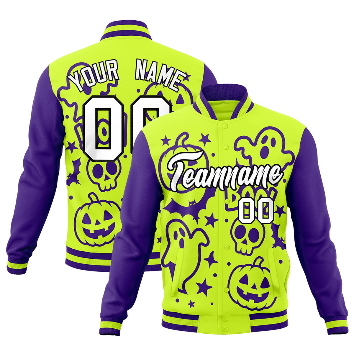 Custom Purple Neon Green White Bats Pumpkins Ghost Patterns Halloween Letterman Jacket | Custom Letterman Jacket,Add Name and Numbern,Sublimation Printed &amp; Stitched,Perfect for Parties | KXKSHOP