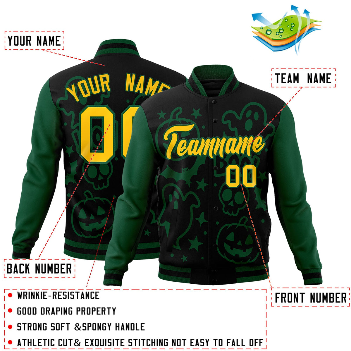 Custom Green Black Gold Bats Pumpkins Ghost Patterns Halloween Letterman Jacket | Custom Letterman Jacket,Add Name and Numbern,Sublimation Printed &amp; Stitched,Perfect for Parties | KXKSHOP