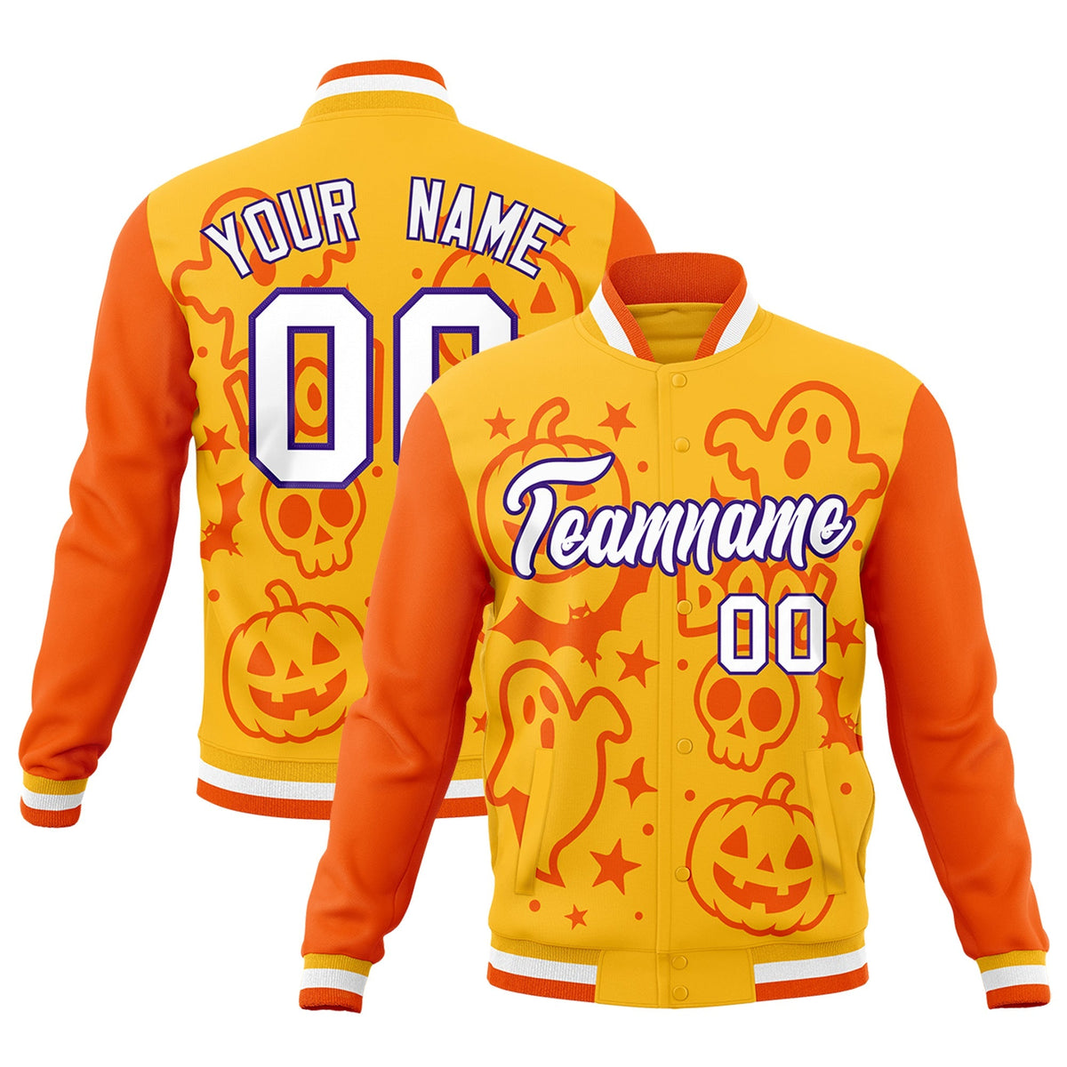 Custom Yellow Orange Gold Bats Pumpkins Ghost Patterns Halloween Letterman Jacket | Custom Letterman Jacket,Add Name and Numbern,Sublimation Printed &amp; Stitched,Perfect for Parties | KXKSHOP