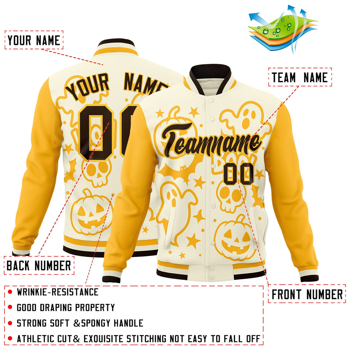 Custom Yellow Cream Gold Bats Pumpkins Ghost Patterns Halloween Letterman Jacket | Custom Letterman Jacket,Add Name and Numbern,Sublimation Printed &amp; Stitched,Perfect for Parties | KXKSHOP