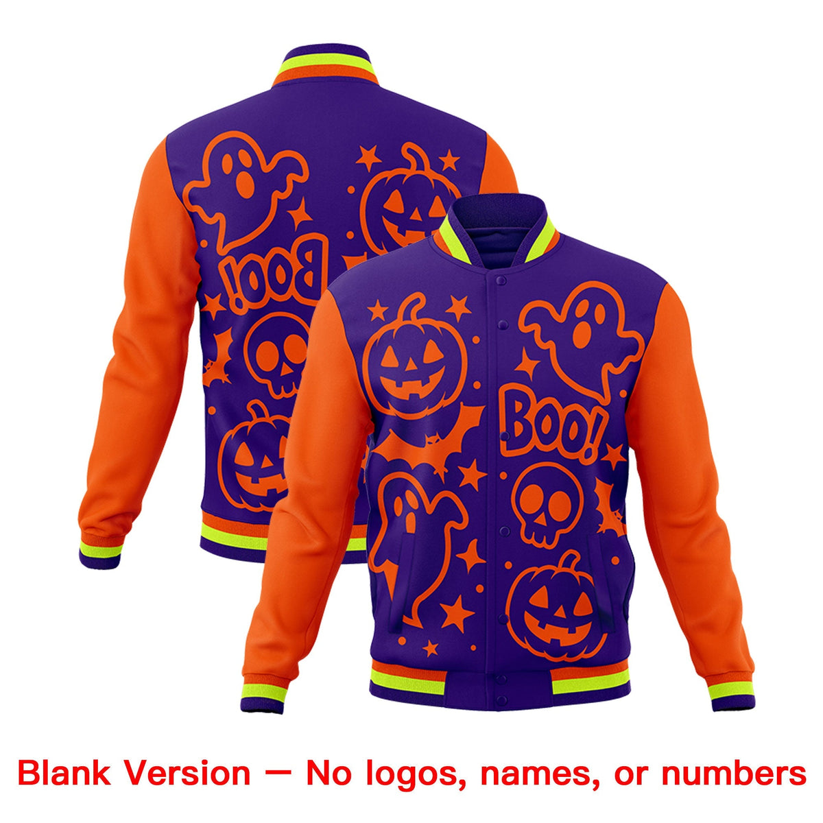 Custom Orange Purple Neon Green Bats Pumpkins Ghost Patterns Halloween Letterman Jacket | Custom Letterman Jacket,Add Name and Numbern,Sublimation Printed &amp; Stitched,Perfect for Parties | KXKSHOP