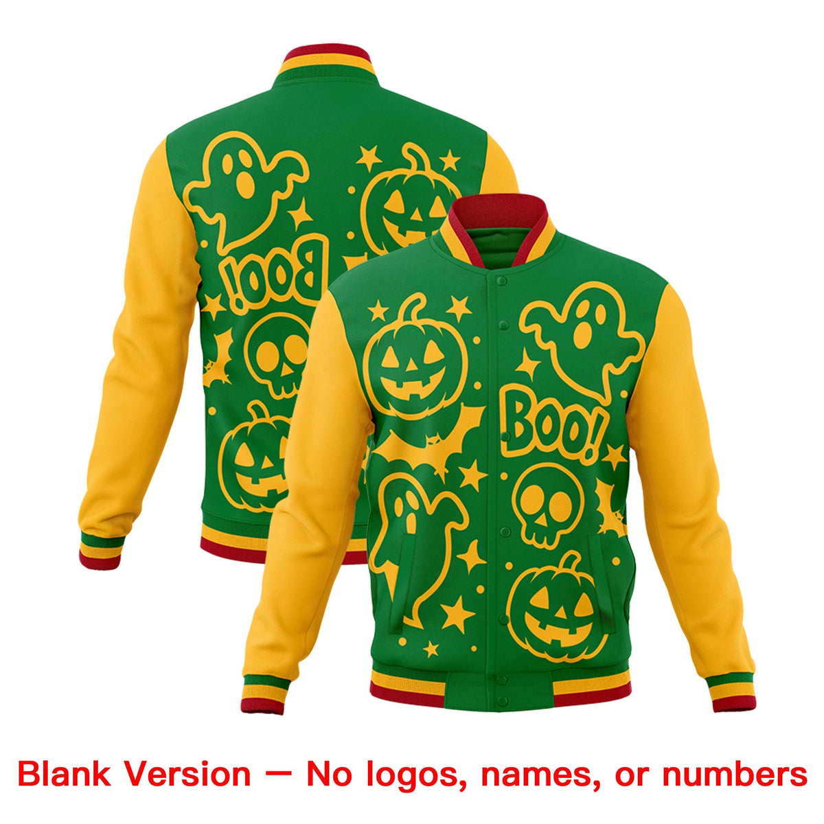 Custom Kelly Green Gold Red Bats Pumpkins Ghost Patterns Halloween Letterman Jacket | Custom Letterman Jacket,Add Name and Numbern,Sublimation Printed &amp; Stitched,Perfect for Parties | KXKSHOP