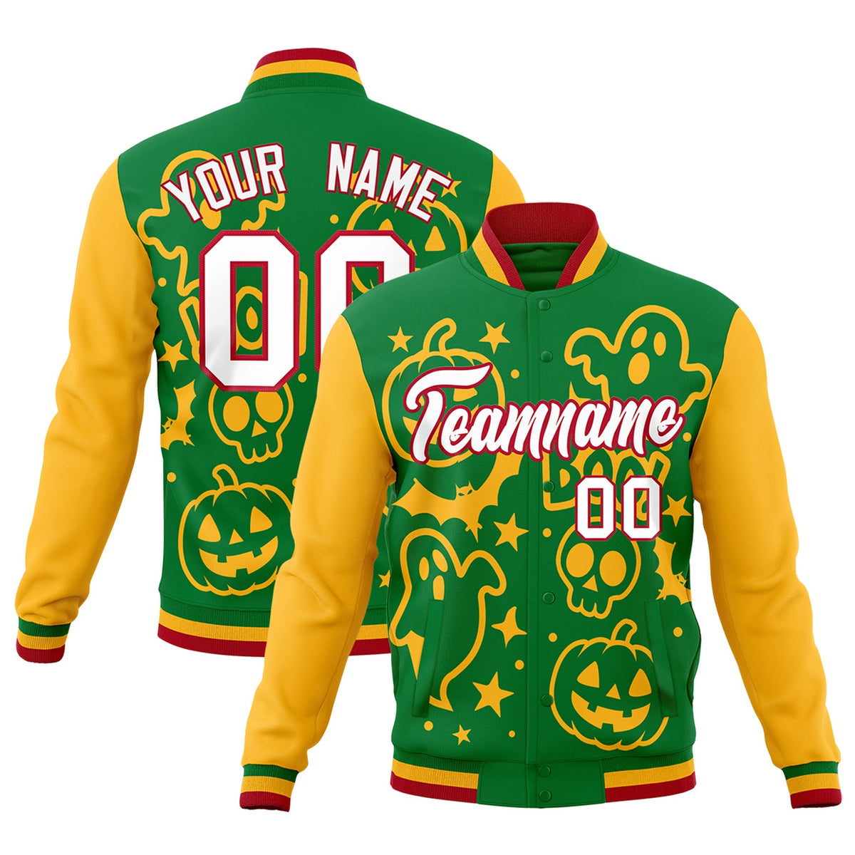 Custom Kelly Green Gold Red Bats Pumpkins Ghost Patterns Halloween Letterman Jacket | Custom Letterman Jacket,Add Name and Numbern,Sublimation Printed &amp; Stitched,Perfect for Parties | KXKSHOP