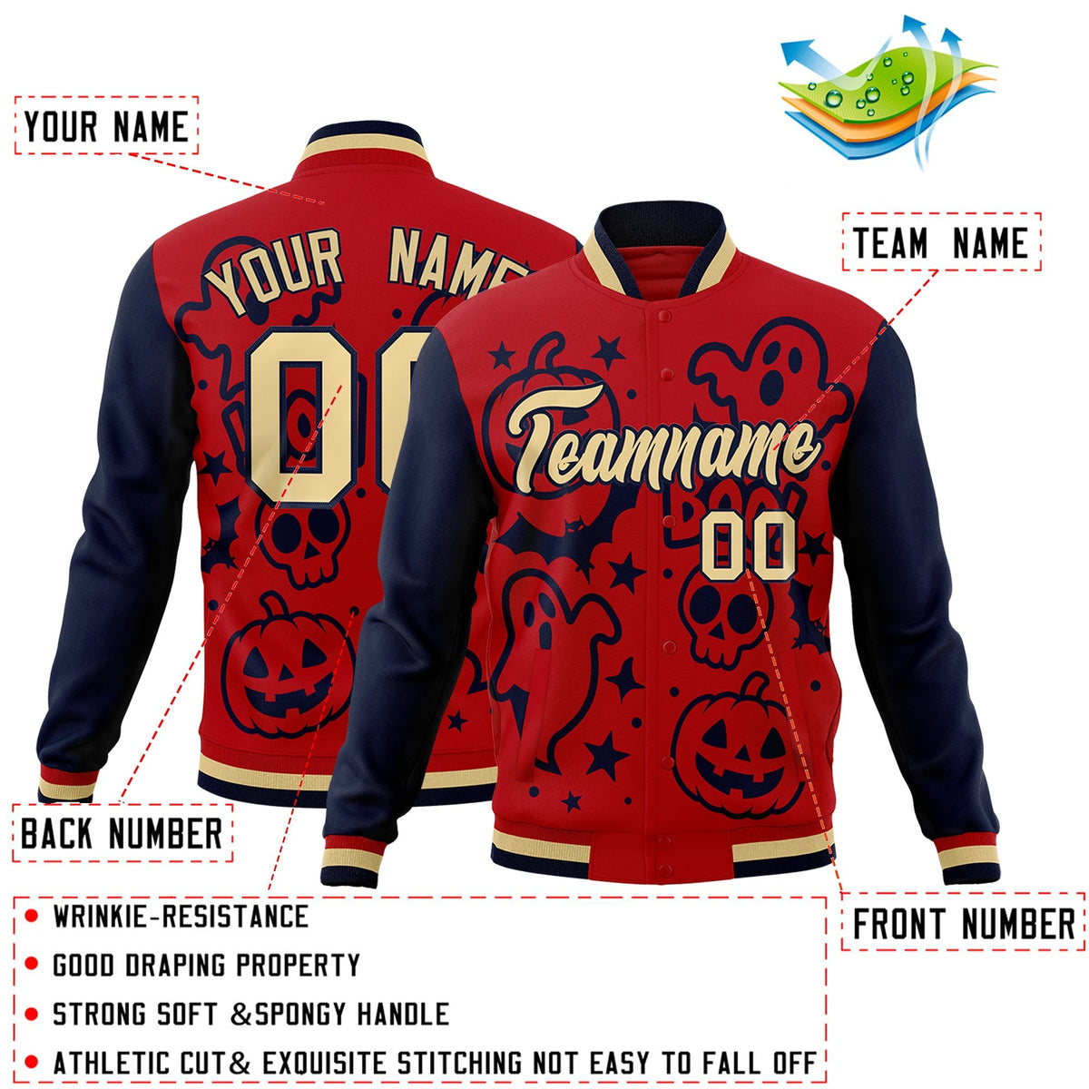 Custom Red Navy Khaki Bats Pumpkins Ghost Patterns Halloween Letterman Jacket | Custom Letterman Jacket,Add Name and Numbern,Sublimation Printed &amp; Stitched,Perfect for Parties | KXKSHOP