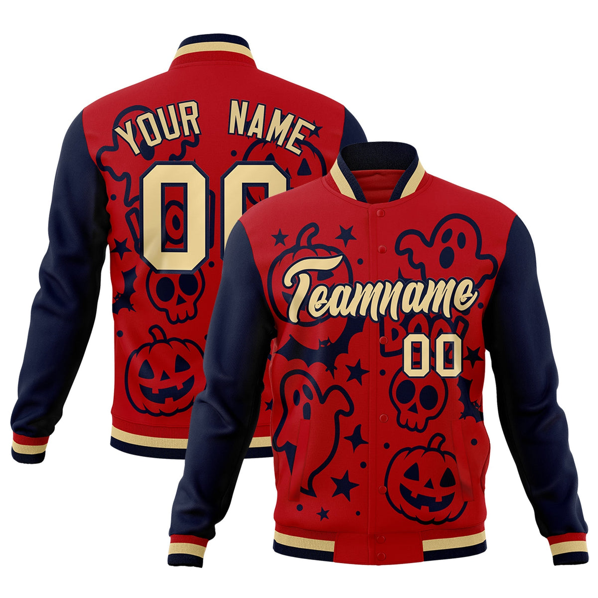 Custom Red Navy Khaki Bats Pumpkins Ghost Patterns Halloween Letterman Jacket | Custom Letterman Jacket,Add Name and Numbern,Sublimation Printed &amp; Stitched,Perfect for Parties | KXKSHOP