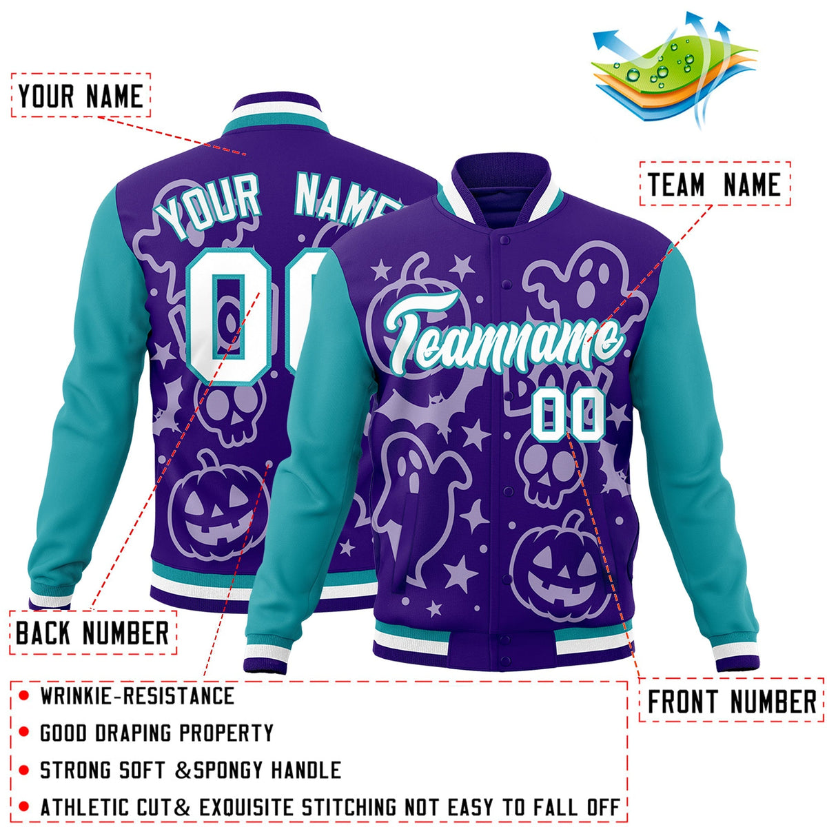 Custom Purple Aqua White Bats Pumpkins Ghost Patterns Halloween Letterman Jacket | Custom Letterman Jacket,Add Name and Numbern,Sublimation Printed &amp; Stitched,Perfect for Parties | KXKSHOP