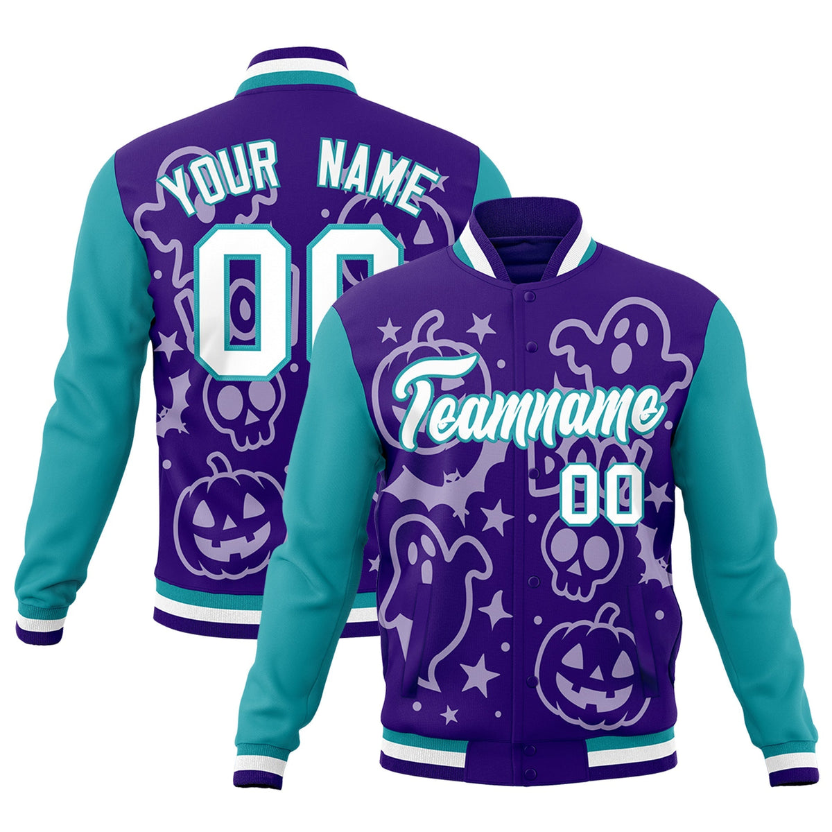 Custom Purple Aqua White Bats Pumpkins Ghost Patterns Halloween Letterman Jacket | Custom Letterman Jacket,Add Name and Numbern,Sublimation Printed &amp; Stitched,Perfect for Parties | KXKSHOP