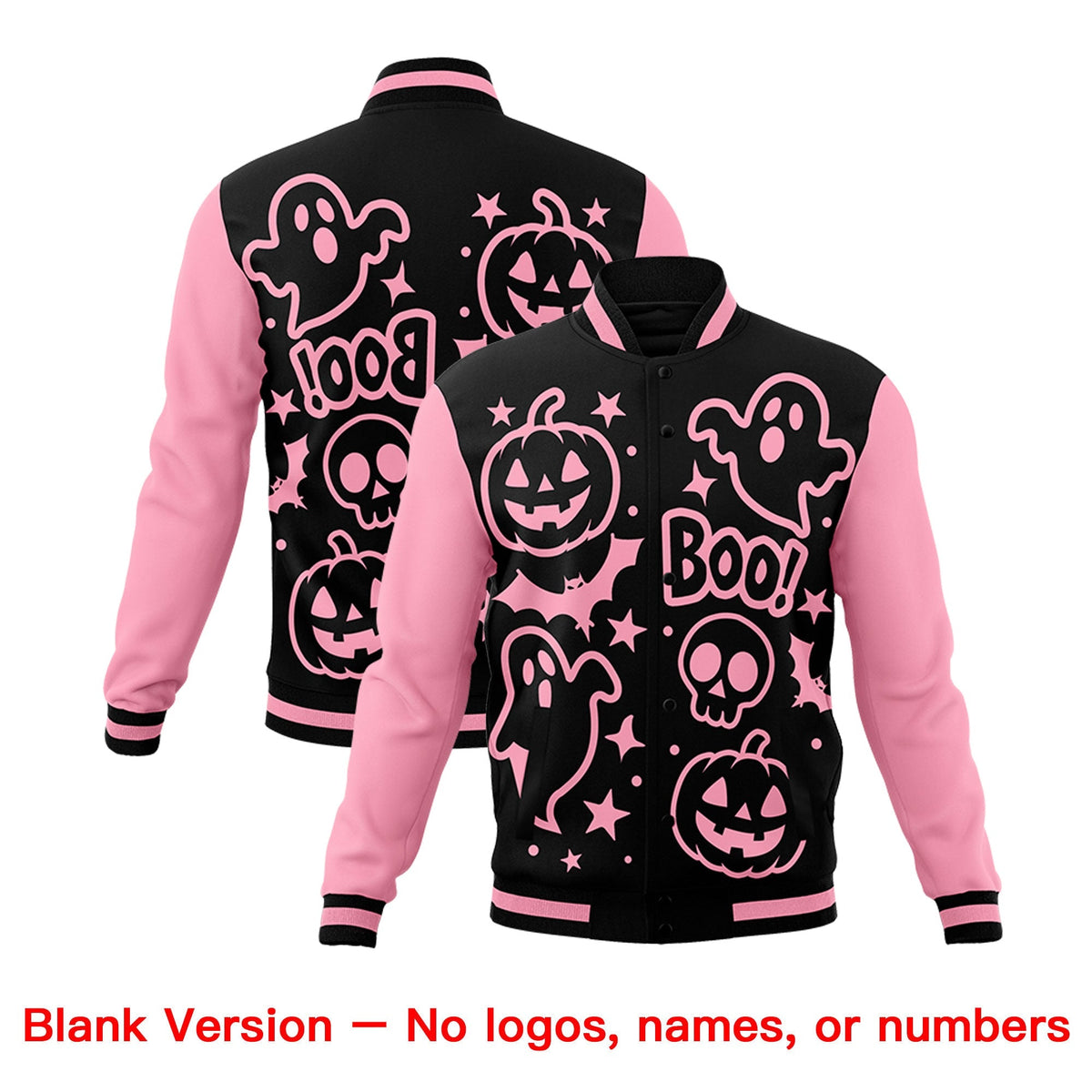 Custom Light Pink Black White Bats Pumpkins Ghost Patterns Halloween Letterman Jacket | Custom Letterman Jacket,Add Name and Numbern,Sublimation Printed &amp; Stitched,Perfect for Parties | KXKSHOP