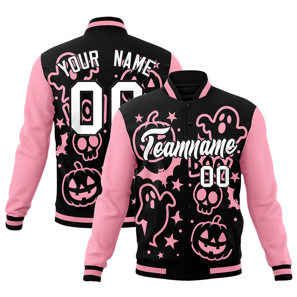 Custom Light Pink Black White Bats Pumpkins Ghost Patterns Halloween Letterman Jacket | Custom Letterman Jacket,Add Name and Numbern,Sublimation Printed &amp; Stitched,Perfect for Parties | KXKSHOP