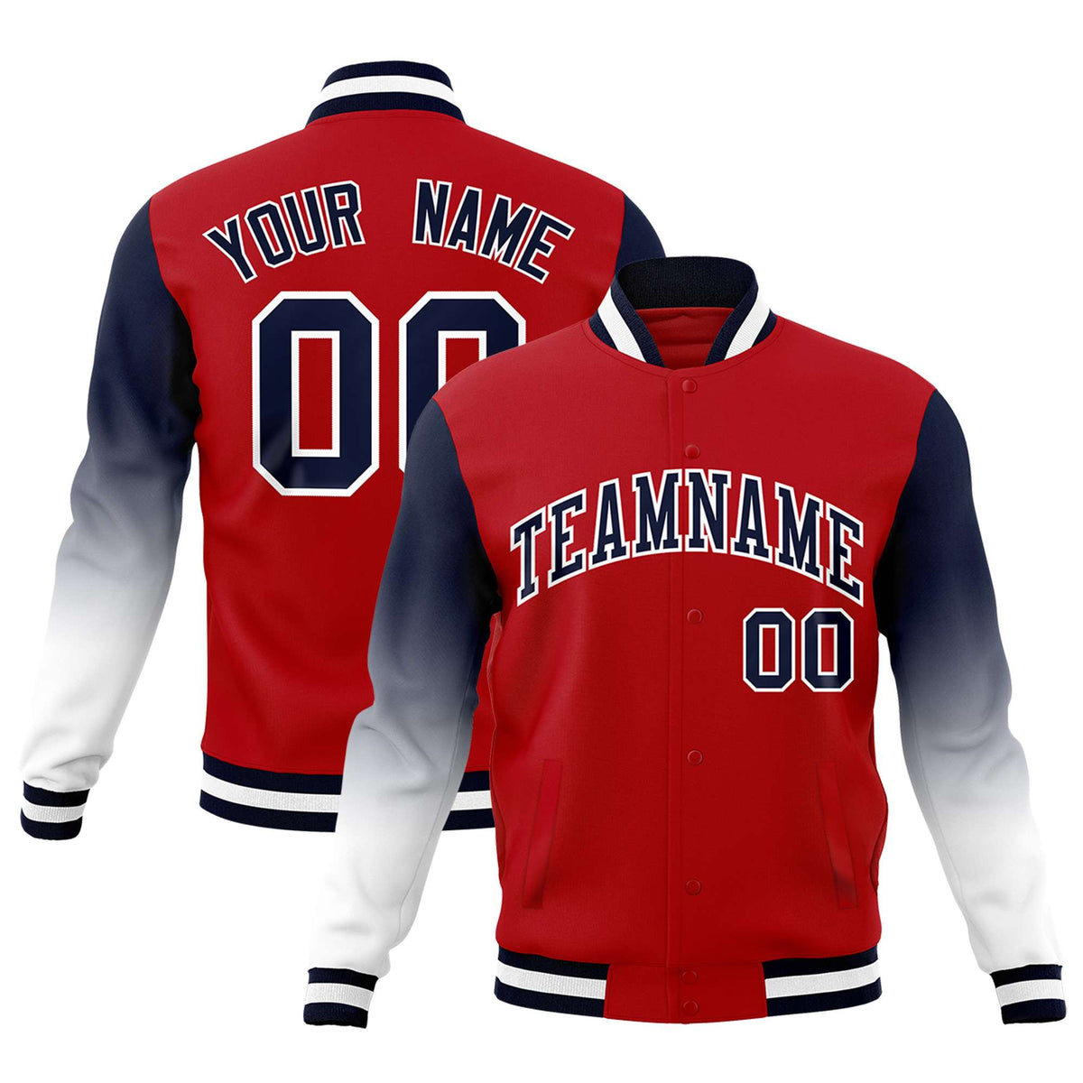 Custom Red Navy White Full-Snap Varsity Raglan Sleeves Gradient Letterman Jacket