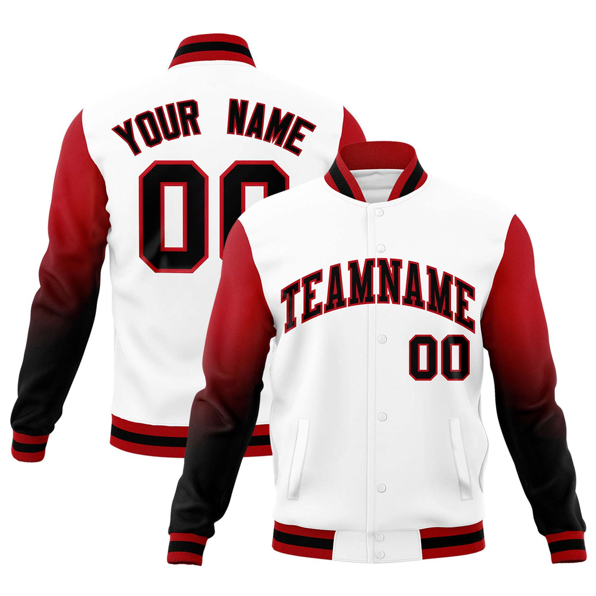 Custom White Black Red Full-Snap Varsity Raglan Sleeves Gradient Letterman Jacket