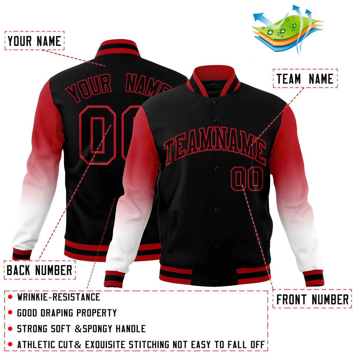 Custom Black White Red Full-Snap Varsity Raglan Sleeves Gradient Letterman Jacket