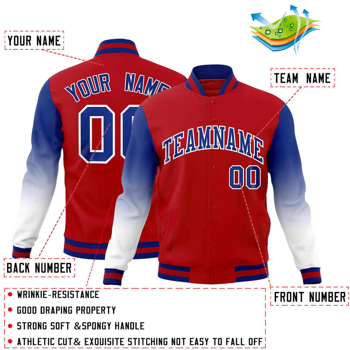 Custom Red Royal Blue White Full-Snap Varsity Raglan Sleeves Gradient Letterman Jacket