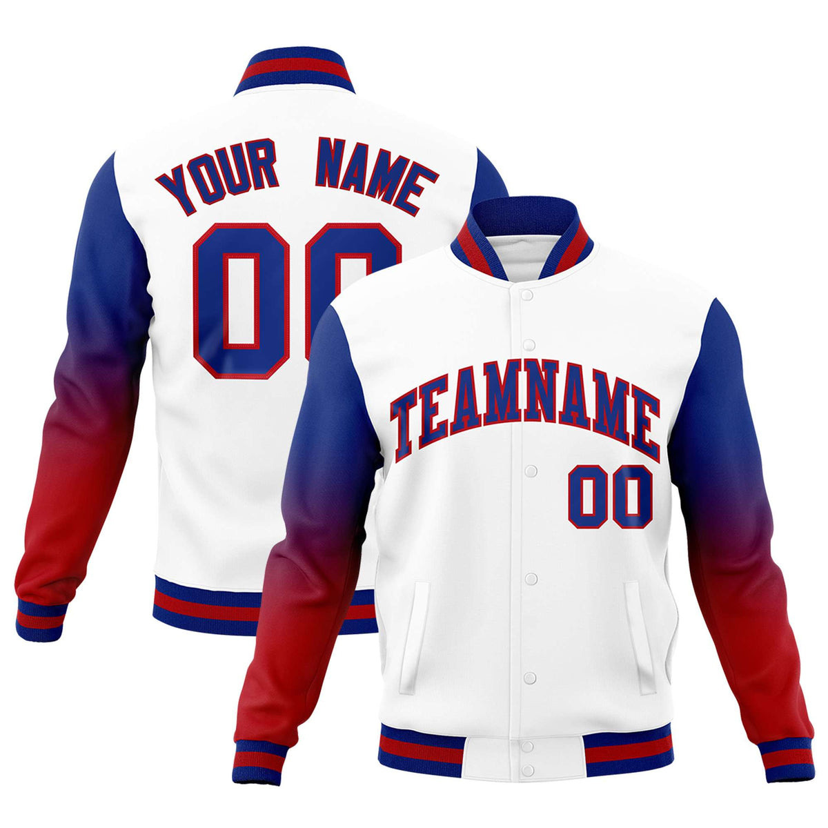 Custom White Royal Blue Red Full-Snap Varsity Raglan Sleeves Gradient Letterman Jacket